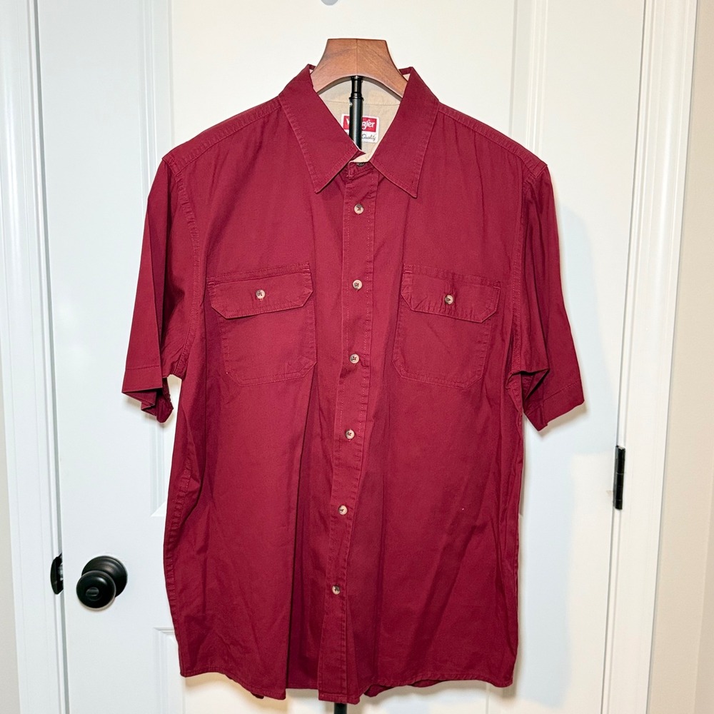 Wrangler Mens Burgundy Red‎ Short Sleeve Button Down Work Shirt Large